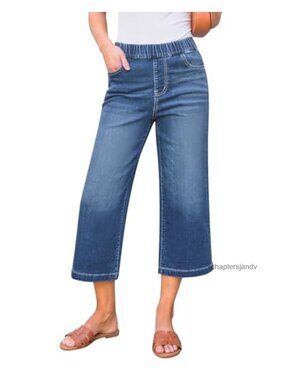 Wide Leg High Waisted Pull On Stretchy Denim Capri Jeans with Pockets
